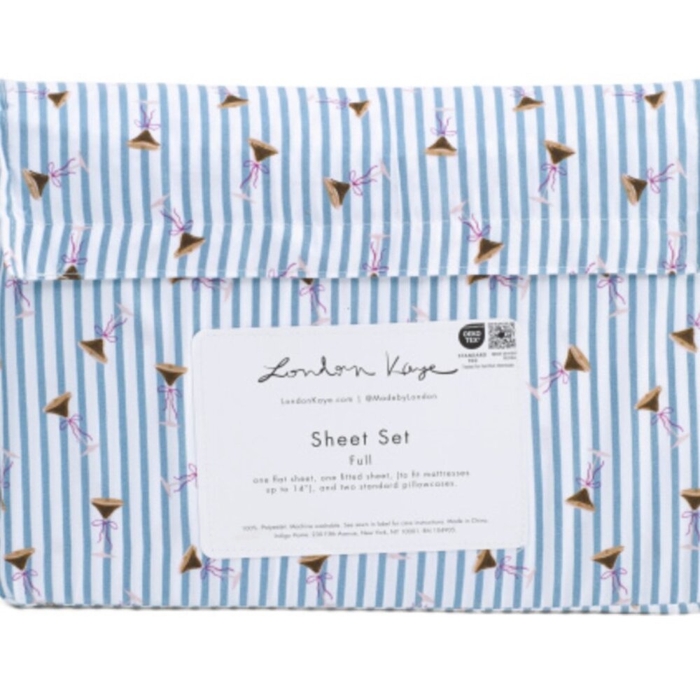 LONDON KAYE Cafe Mini Striped Queen Sheet Set - Fun Martini with Stripes NWT!